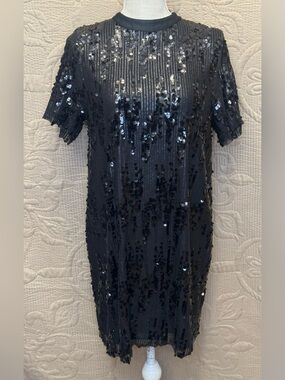 Zara Black Sequin Party, Sparkle, Glow Short Sleeve Shift Dress